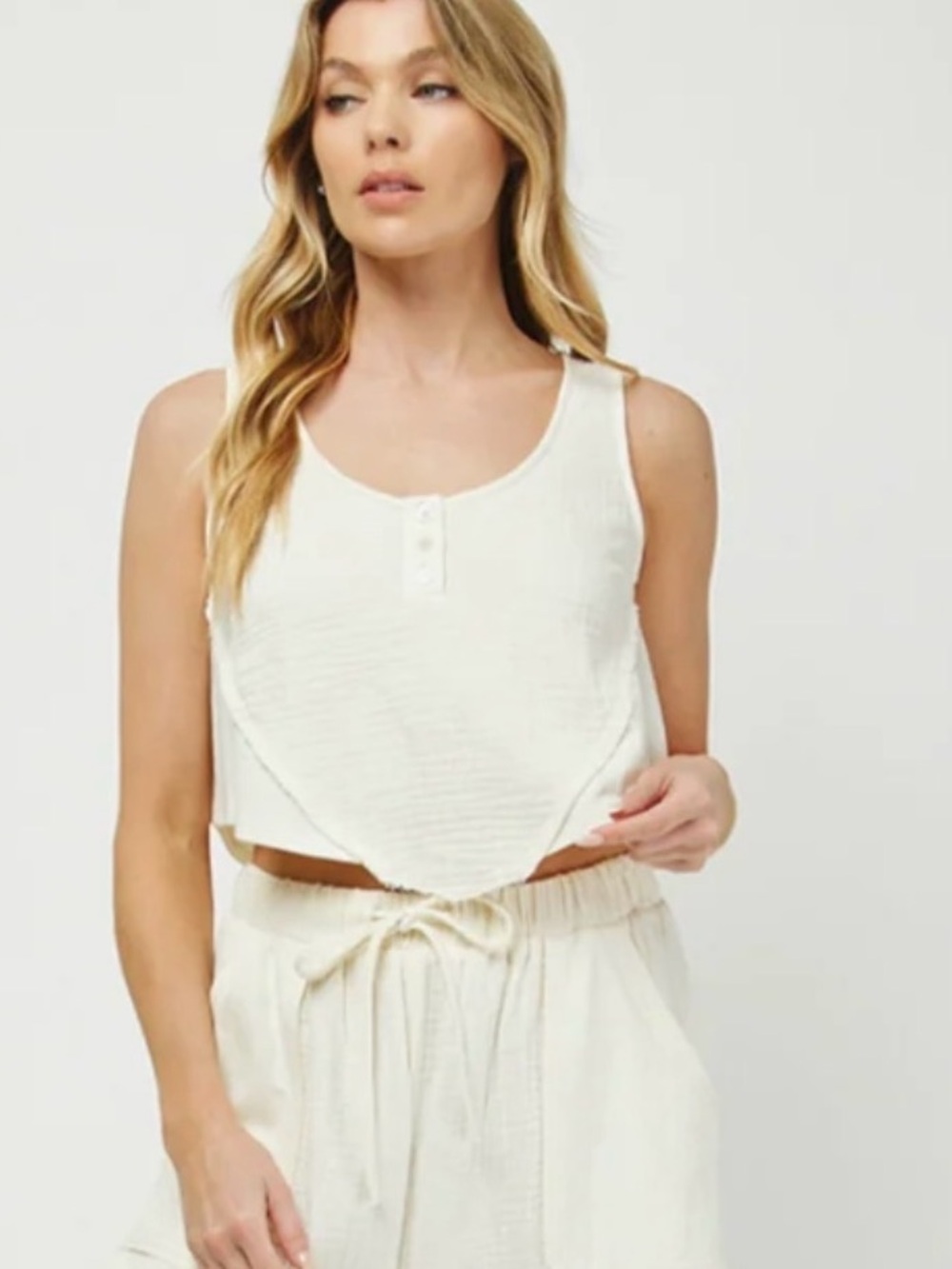 Women's Cream Sleeveless Button Henley Crop Top